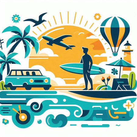 Surfer on the beach with surfboard and car. Vector illustrationのイラスト素材