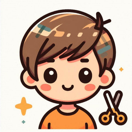 Boy with hair cut and scissors isolated on the white background. Cartoon style.のイラスト素材