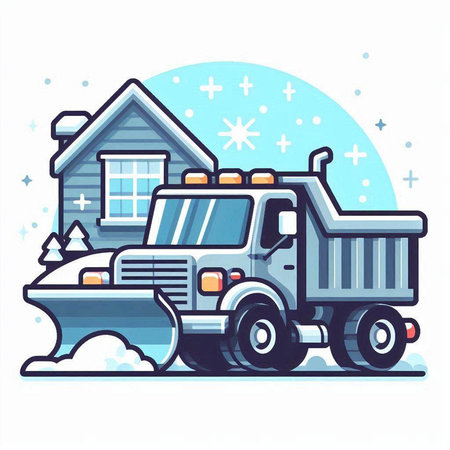 Vector illustration of a snow removal service truck in front of a house.のイラスト素材