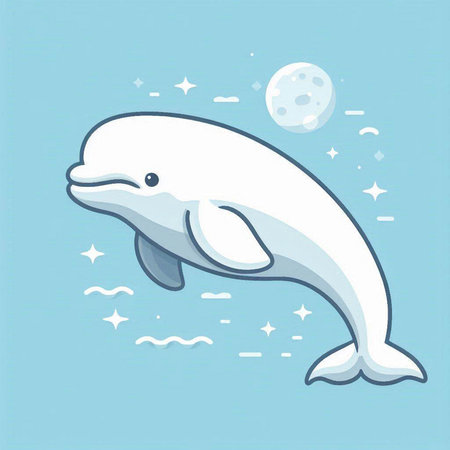 Illustration of a cute white dolphin on a blue background with starsのイラスト素材