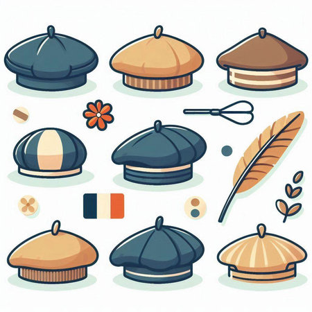 Vector illustration of a set of hats with different types of hats.のイラスト素材