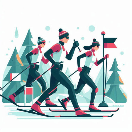 Skiing people vector illustration. Skiing, cross country skiing.のイラスト素材