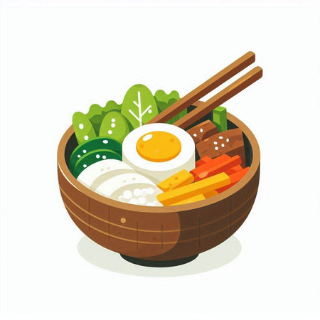 Japanese food in a wooden bowl with chopsticks. Vector illustration.のイラスト素材