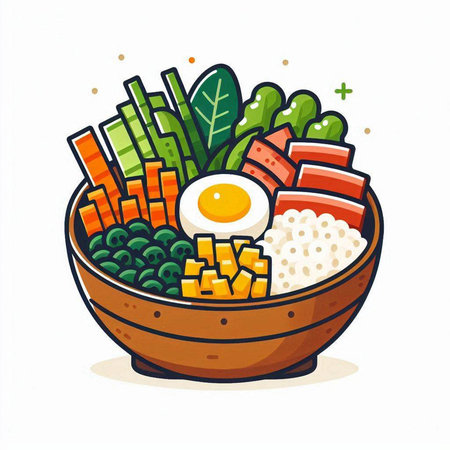 Bowl of rice with vegetables and egg. Hand drawn vector illustration.のイラスト素材