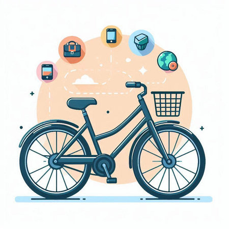 Bicycle with icons. Vector illustration in flat design style. Isolated on white background.のイラスト素材