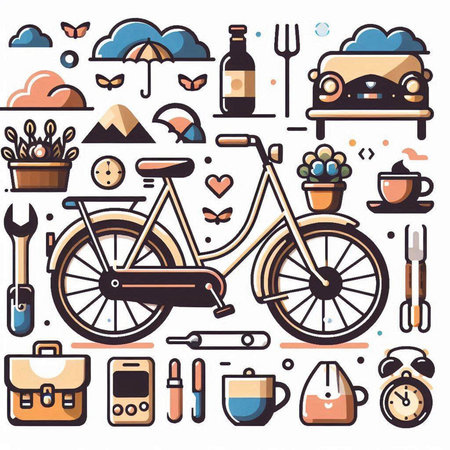 Bicycle and hand tools icons set in flat style. Vector illustration.のイラスト素材