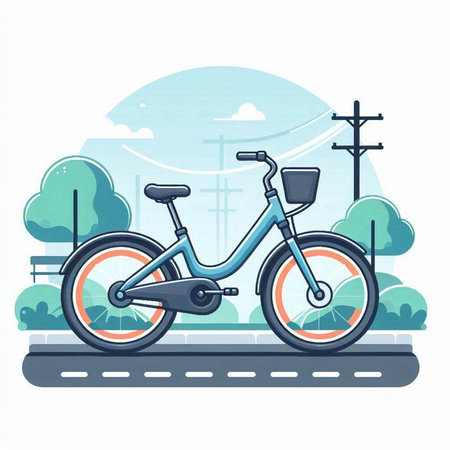 Bicycle on the road. Vector illustration in flat design style.のイラスト素材