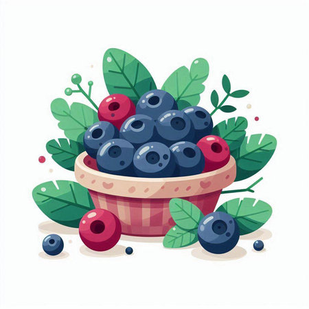 Bowl of fresh blueberries. Vector illustration in flat style.のイラスト素材