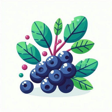 Bunch of ripe blueberries with green leaves. Vector illustration.のイラスト素材