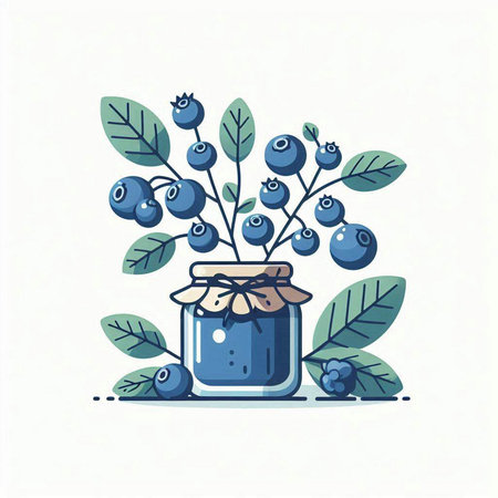 Blueberry jam in a glass jar with berries and leaves. Vector illustration.のイラスト素材