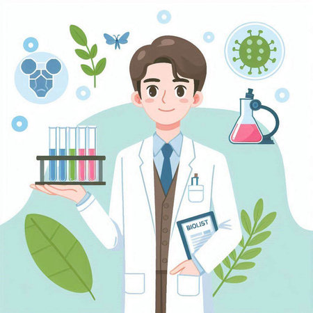 Scientist with test tubes and flasks. Vector illustration in flat styleのイラスト素材