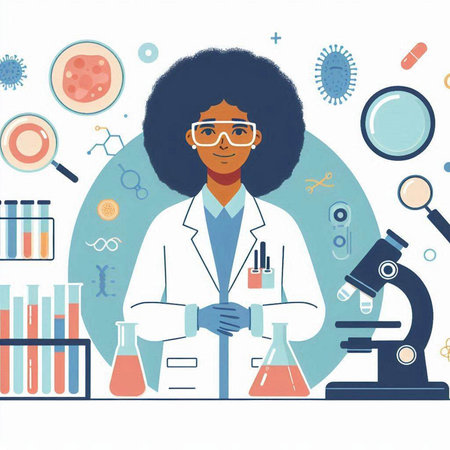 Vector illustration of african american female scientist working in laboratory.のイラスト素材