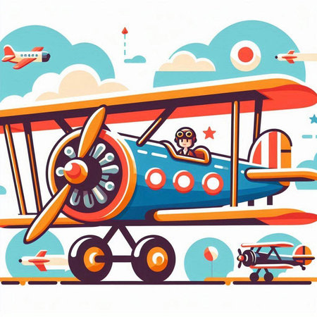Airplane cartoon vector illustration. Airplane with pilot and propeller in the sky.のイラスト素材