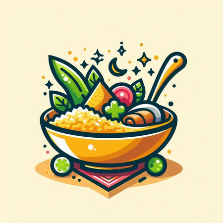 Vector illustration of a bowl of couscous, vegetables and fruitsのイラスト素材