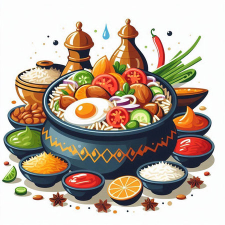 Bowl of pilaf with vegetables and eggs. Vector illustration.のイラスト素材