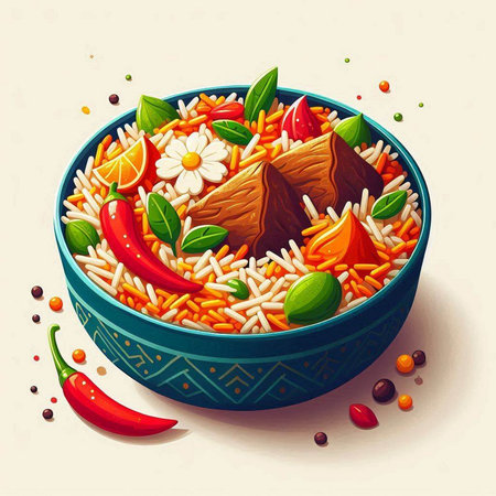 Rice pilaf with meat and vegetables in a bowl. Vector illustration.のイラスト素材