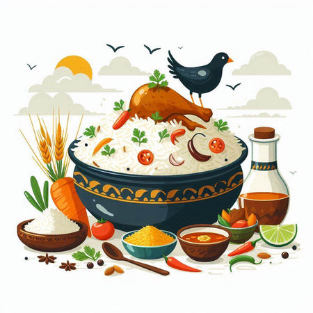 Rice, chicken, vegetables, spices, olive oil, cinnamon, lemon, cilantro, pepper. Vector illustration.のイラスト素材