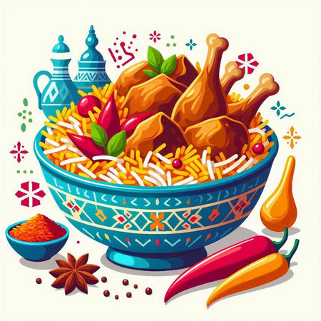 Vector illustration of a bowl of pilaf with chicken legs and vegetables.のイラスト素材