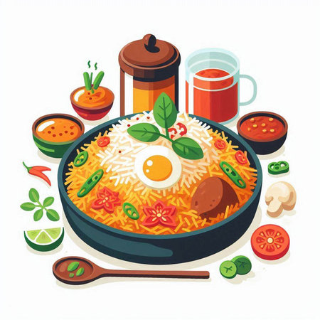 Bowl of rice with fried egg and vegetables. Vector illustration.のイラスト素材
