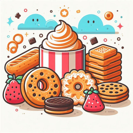 Vector illustration of a set of different types of cookies and sweets.のイラスト素材