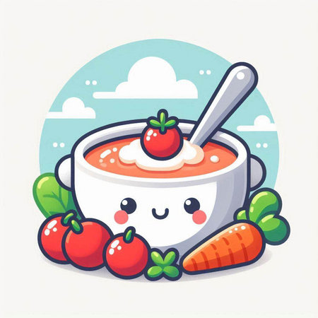 Vector illustration of a bowl of porridge with fresh strawberries and carrotのイラスト素材