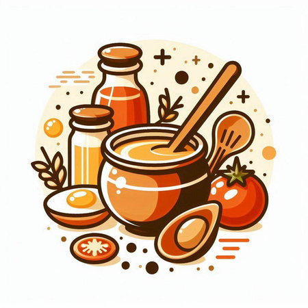 Vector illustration of honey in bowl with spoon, bowl of honey, tomatoes, olive oil in glass jar, wooden spoon.のイラスト素材