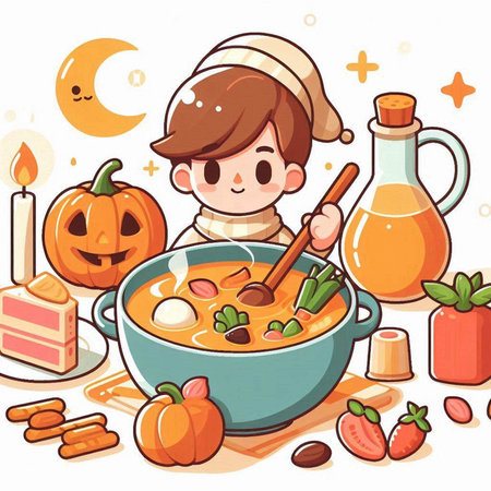 Vector illustration of a boy with pumpkin soup in a pot on white backgroundのイラスト素材