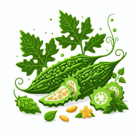 Bitter melon with leaves and seeds isolated on white background. Vector illustration.のイラスト素材