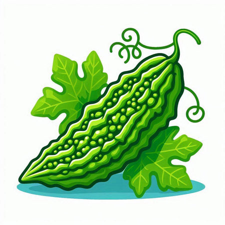 Bitter melon with leaves isolated on white background. Vector illustration.のイラスト素材