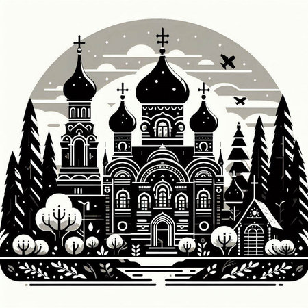 Orthodox church in the forest. Monochrome vector illustration.のイラスト素材