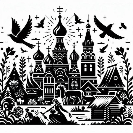 Orthodox church. Black and white vector illustration. Monochrome.のイラスト素材
