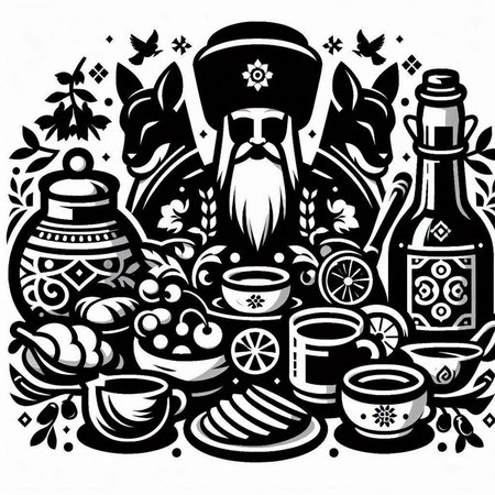 Vector hand drawn illustration of Christmas symbols and objects. Monochrome background.のイラスト素材