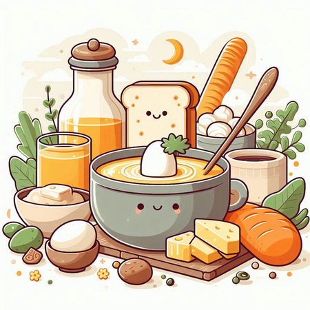 Vector illustration of soup with eggs, cheese, bread and milk.のイラスト素材