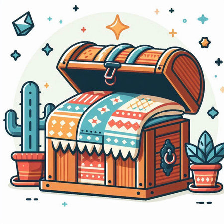 Vector illustration of a treasure chest with cactuses and stars.のイラスト素材
