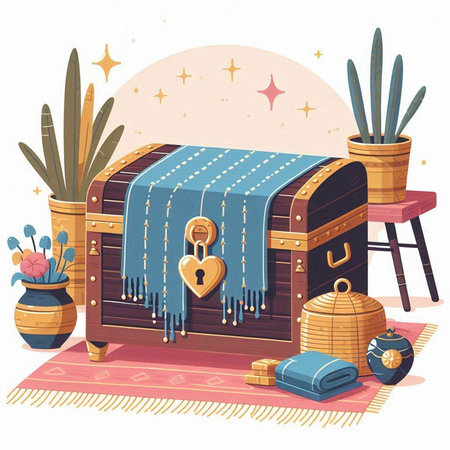 Vector illustration of a treasure chest with a lock, a keyhole, a cactus, a potted plant, a hat and a plaid.のイラスト素材