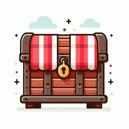 Wooden treasure chest with striped striped awning. Vector illustration.のイラスト素材