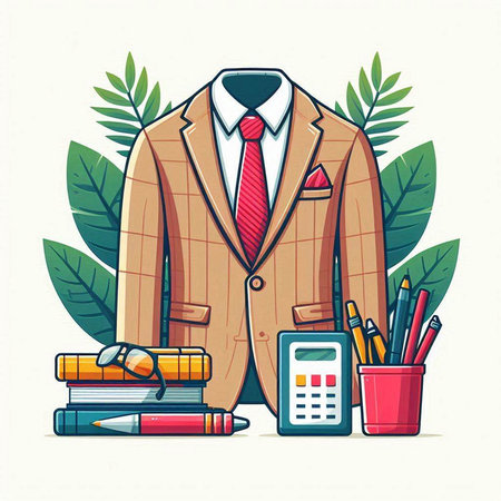 Businessman's suit with office supplies. Vector illustration in flat styleのイラスト素材