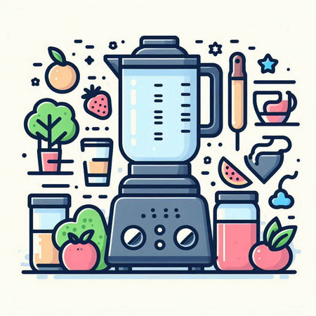 Kitchen blender with ingredients for smoothie. Colorful flat vector illustration.のイラスト素材