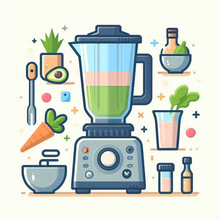 Vector illustration of a blender with various food icons on white background.のイラスト素材