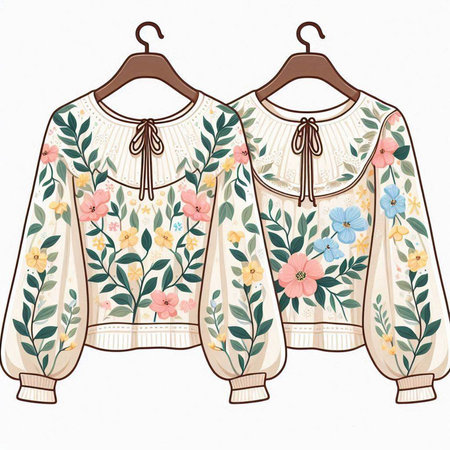 Embroidery floral blouses on hangers isolated on whiteのイラスト素材
