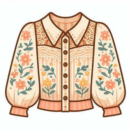 Illustration of a vintage blouse with a floral pattern on a white backgroundのイラスト素材