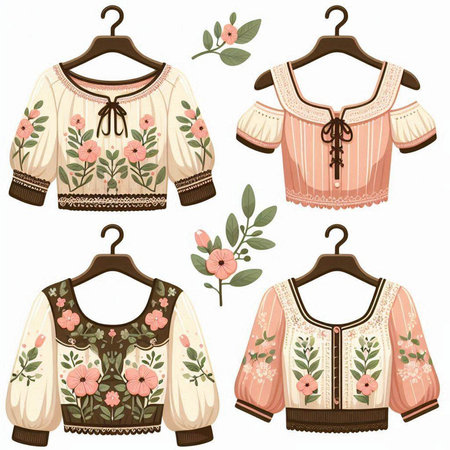 Vector set of vintage blouses with flowers on a hanger.のイラスト素材