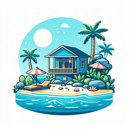 Tropical island with bungalows and palm trees. Vector illustration.のイラスト素材