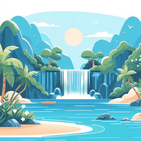 Waterfall in the jungle. Waterfall in the jungle. Vector illustrationのイラスト素材