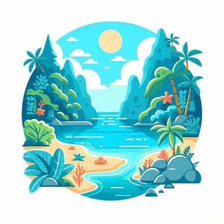 Tropical beach with palm trees, rocks and fish. Vector illustration.のイラスト素材