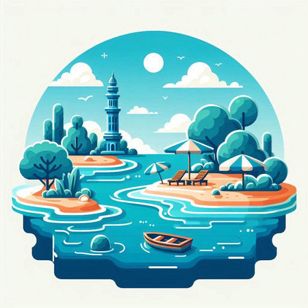 Vector illustration of a beautiful island in the middle of the sea.のイラスト素材