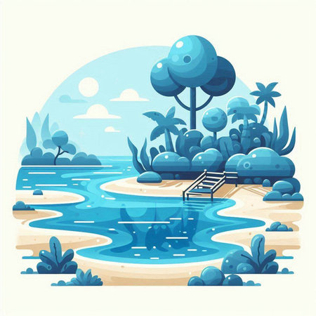 Tropical island with trees and swimming pool. Vector illustration.のイラスト素材
