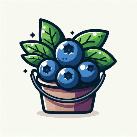 Cartoon blueberry in a bucket with leaves. Vector illustration.のイラスト素材