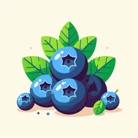 Blueberry with green leaves. Vector illustration in flat cartoon style.のイラスト素材