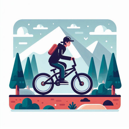Cyclist riding a bike in the mountains. Flat vector illustration.のイラスト素材
